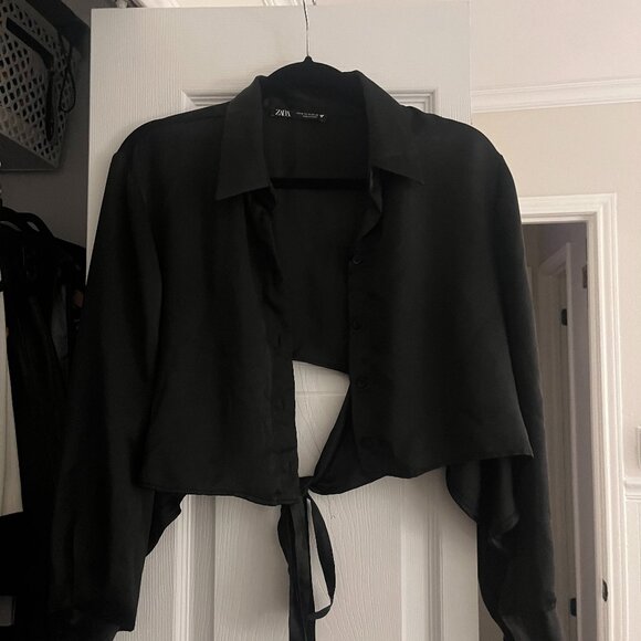 Zara collared long-sleeve tie-front crop blouse size M - Picture 1 of 3